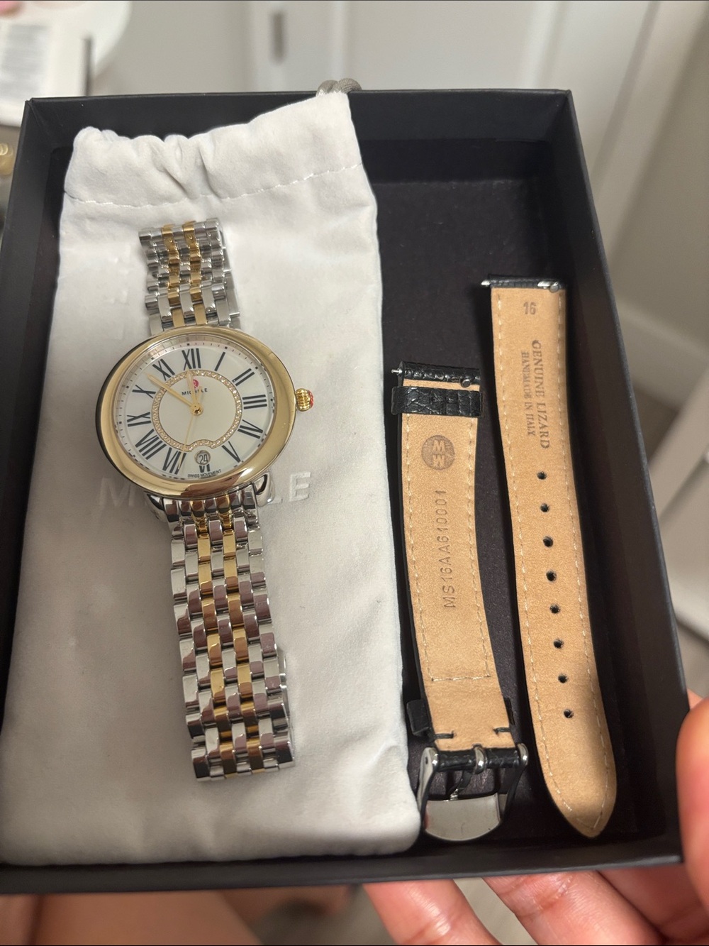 Michele Two-Tone Silver and Gold Bracelet Watch with Mother-of-Pearl Dial - Picture 6 of 9